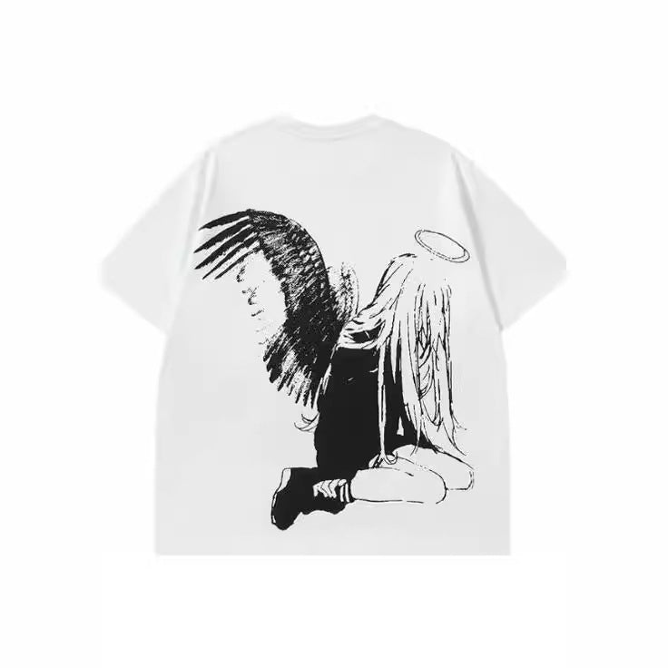 Hip Hop Men's Cartoon Angel Wings Printed T-shirt